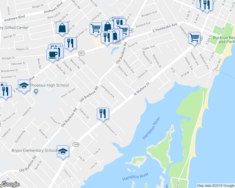 map of restaurants, bars, coffee shops, grocery stores, and more near 315 Darby Avenue in Hampton