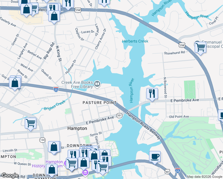 map of restaurants, bars, coffee shops, grocery stores, and more near 415 Creek Avenue in Hampton