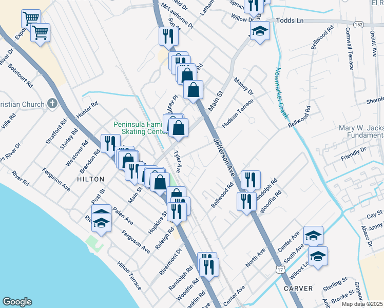 map of restaurants, bars, coffee shops, grocery stores, and more near 316 Main Street in Newport News