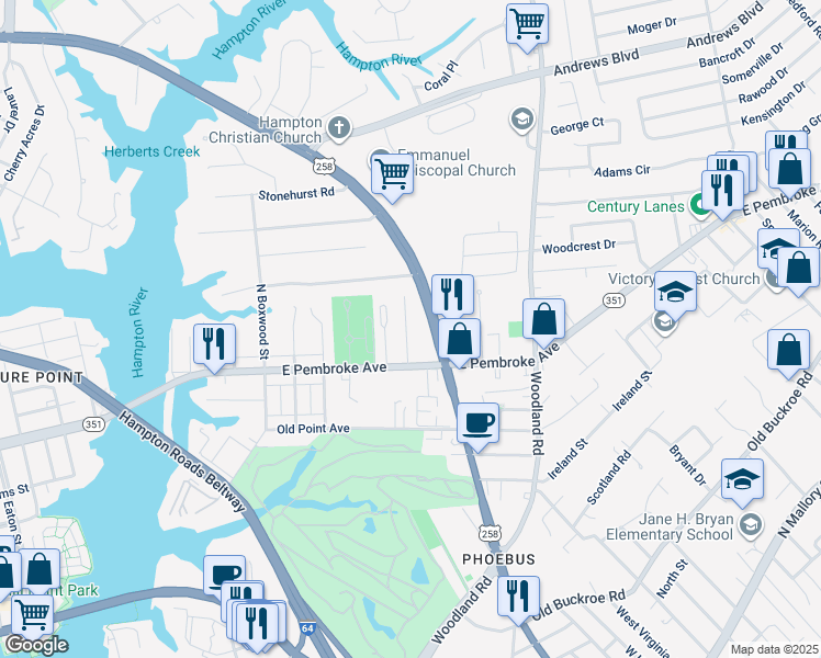 map of restaurants, bars, coffee shops, grocery stores, and more near 30 Calhoun Street in Hampton