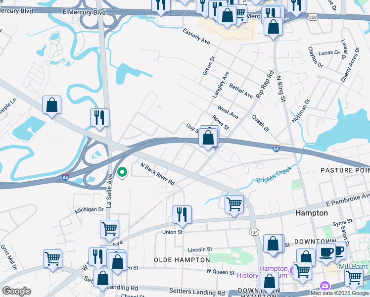 map of restaurants, bars, coffee shops, grocery stores, and more near 907 Langley Avenue in Hampton