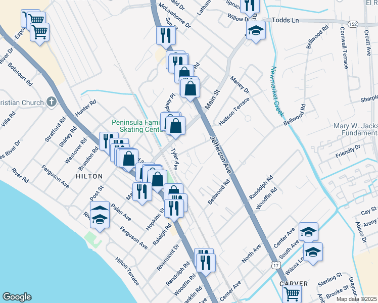 map of restaurants, bars, coffee shops, grocery stores, and more near 316 Main Street in Newport News