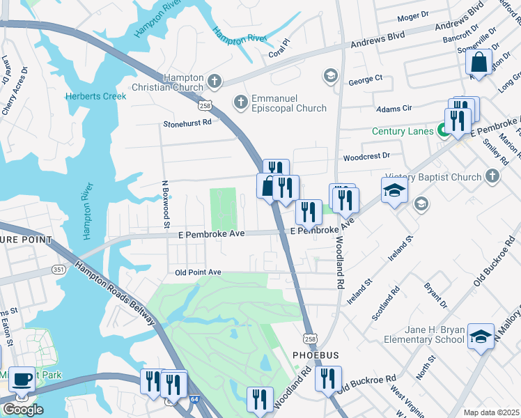map of restaurants, bars, coffee shops, grocery stores, and more near 30 Calhoun Street in Hampton