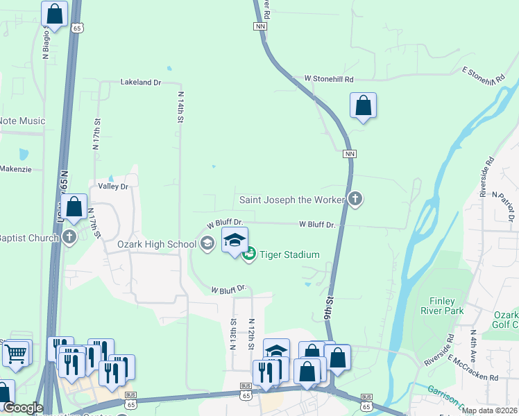 map of restaurants, bars, coffee shops, grocery stores, and more near 1202 West Paddlewheel Drive in Ozark