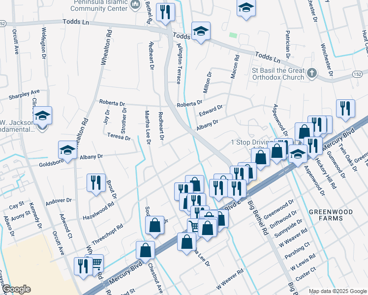 map of restaurants, bars, coffee shops, grocery stores, and more near 344 Sitka Court in Hampton