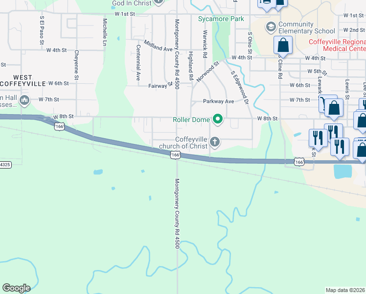 map of restaurants, bars, coffee shops, grocery stores, and more near 938-998 South Overlook Drive in Coffeyville