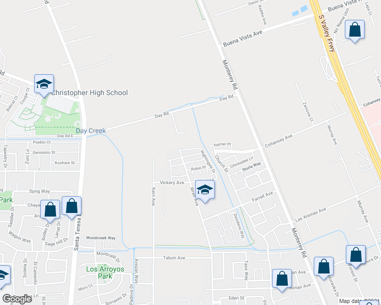 map of restaurants, bars, coffee shops, grocery stores, and more near 255 Nightingale Drive in Gilroy