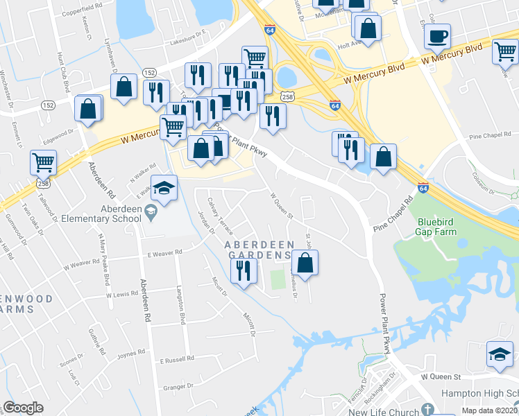 map of restaurants, bars, coffee shops, grocery stores, and more near 1811 West Queen Street in Hampton
