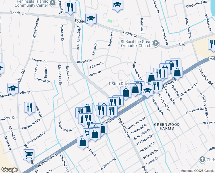 map of restaurants, bars, coffee shops, grocery stores, and more near 2929 Threechopt Road in Hampton