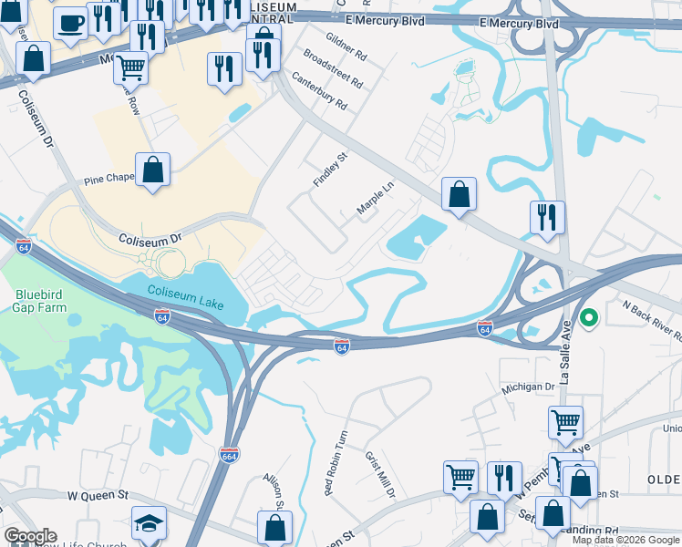 map of restaurants, bars, coffee shops, grocery stores, and more near 140 Findley Square in Hampton