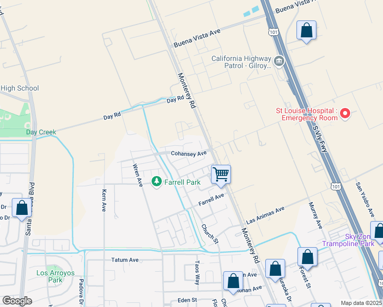 map of restaurants, bars, coffee shops, grocery stores, and more near 9565 Monterey Road in Gilroy