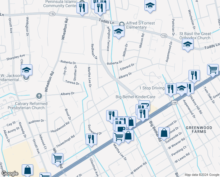 map of restaurants, bars, coffee shops, grocery stores, and more near 344 Sitka Court in Hampton