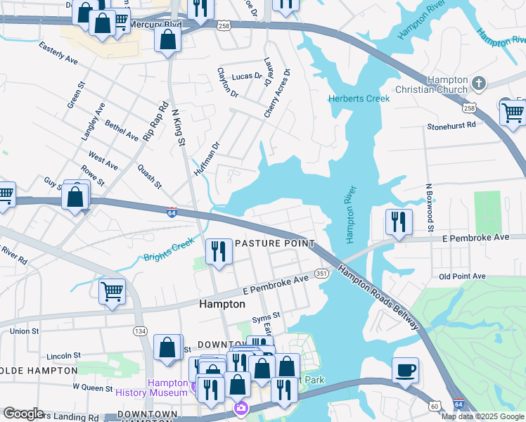 map of restaurants, bars, coffee shops, grocery stores, and more near 315 Creek Avenue in Hampton