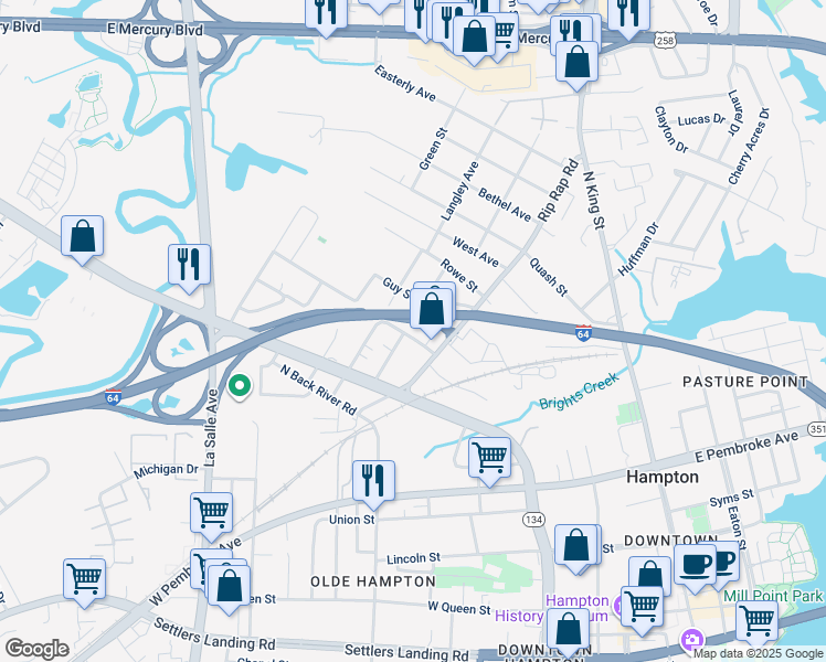 map of restaurants, bars, coffee shops, grocery stores, and more near 1018 Thomas Street in Hampton
