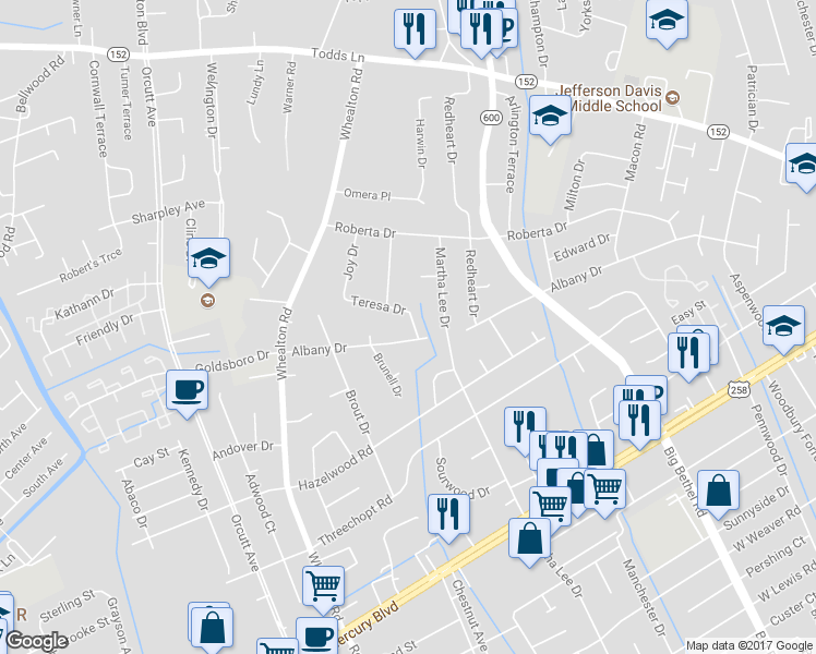 map of restaurants, bars, coffee shops, grocery stores, and more near 37 Albany Drive in Hampton