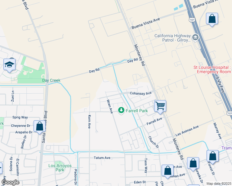 map of restaurants, bars, coffee shops, grocery stores, and more near 255 Nightingale Drive in Gilroy