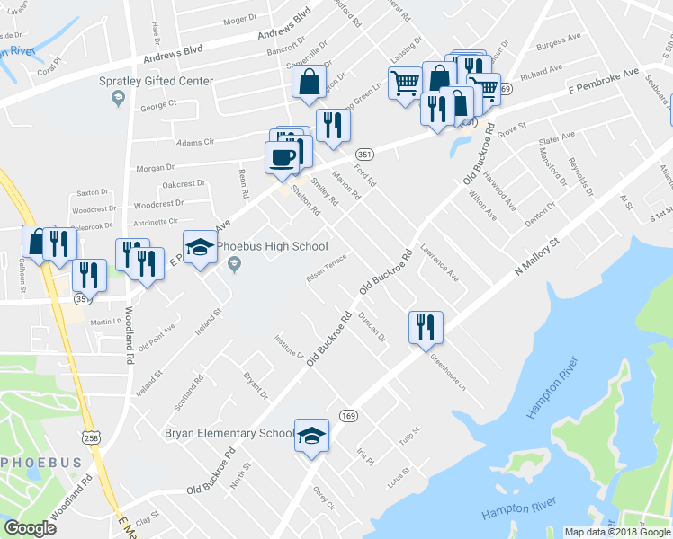 map of restaurants, bars, coffee shops, grocery stores, and more near 1527 Edson Terrace in Hampton