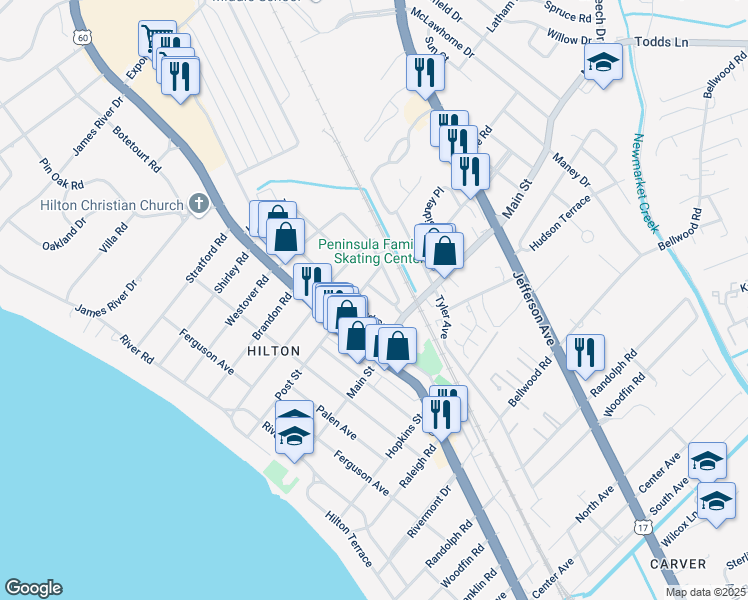 map of restaurants, bars, coffee shops, grocery stores, and more near 123 Post Street in Newport News