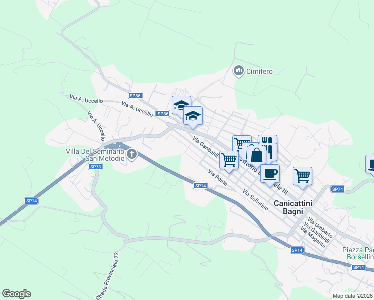 map of restaurants, bars, coffee shops, grocery stores, and more near 21 Via Arturo Basile in Canicattini Bagni