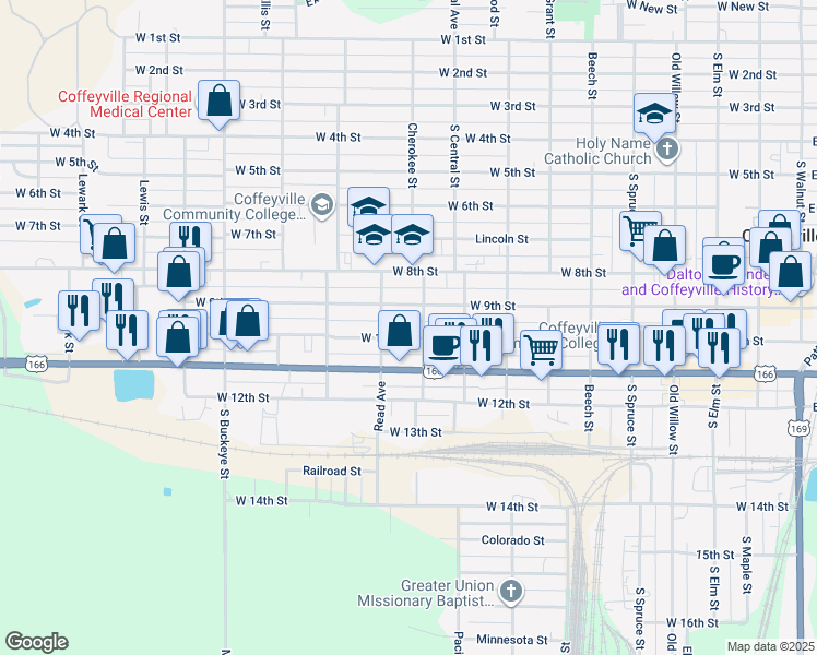 map of restaurants, bars, coffee shops, grocery stores, and more near 1003 West 9th Street in Coffeyville