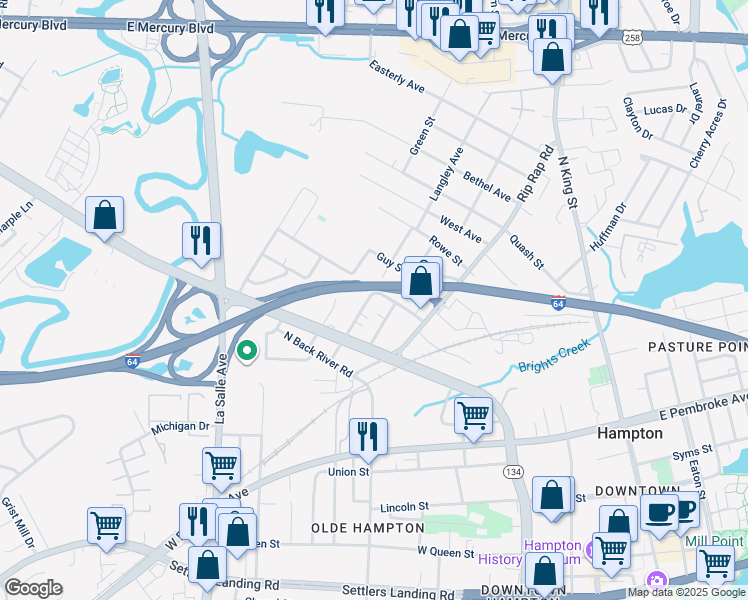 map of restaurants, bars, coffee shops, grocery stores, and more near 905 Langley Avenue in Hampton