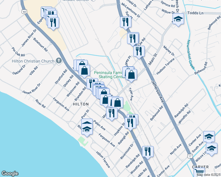 map of restaurants, bars, coffee shops, grocery stores, and more near 123 Post Street in Newport News