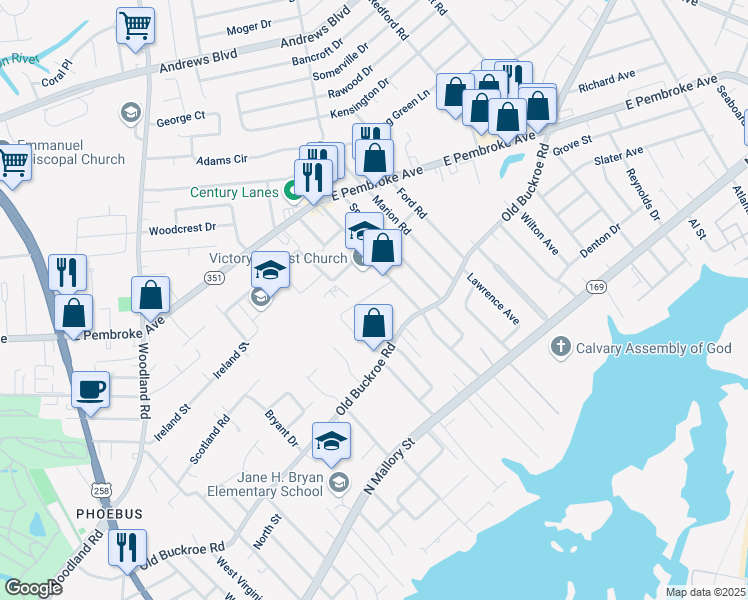 map of restaurants, bars, coffee shops, grocery stores, and more near 1527 Edson Terrace in Hampton