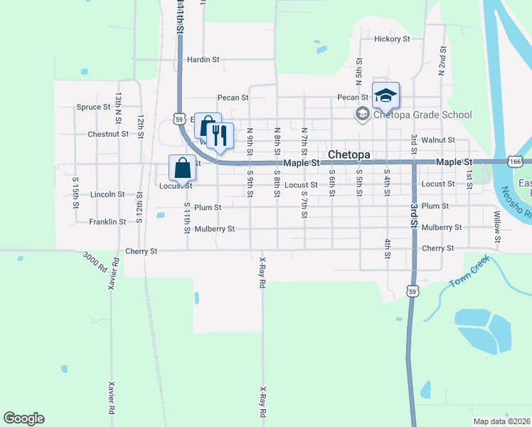 map of restaurants, bars, coffee shops, grocery stores, and more near 801-899 Plum Street in Chetopa