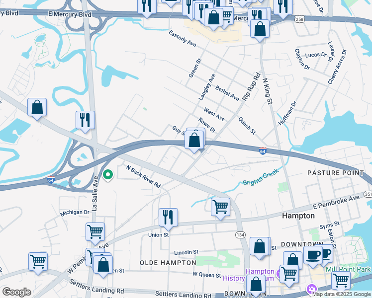 map of restaurants, bars, coffee shops, grocery stores, and more near 1018 Thomas Street in Hampton