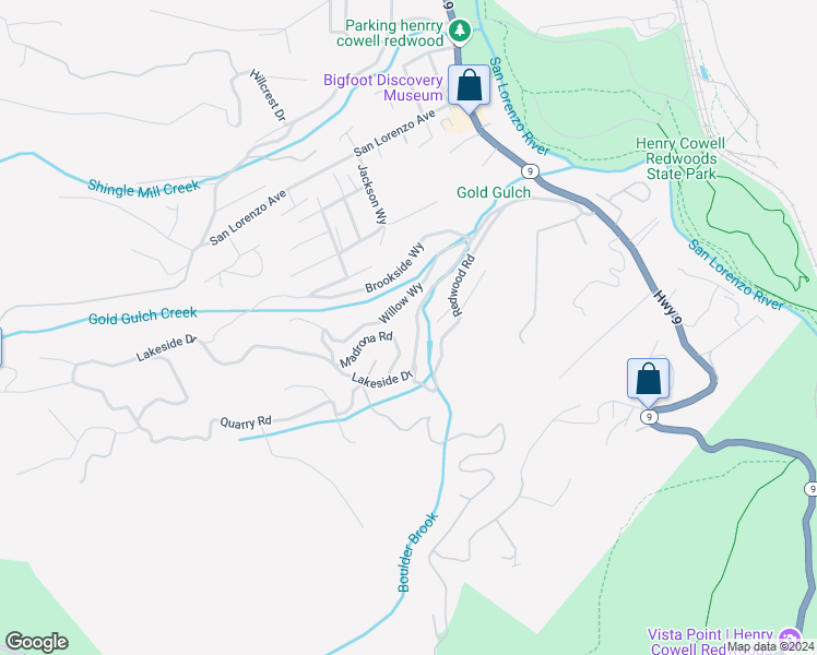 map of restaurants, bars, coffee shops, grocery stores, and more near Lakeview Avenue in Lompico