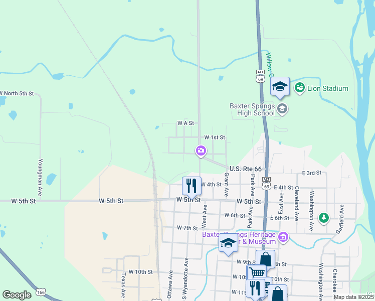 map of restaurants, bars, coffee shops, grocery stores, and more near 142 South Wyandotte Avenue in Baxter Springs