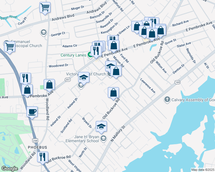 map of restaurants, bars, coffee shops, grocery stores, and more near 1521 Edson Terrace in Hampton