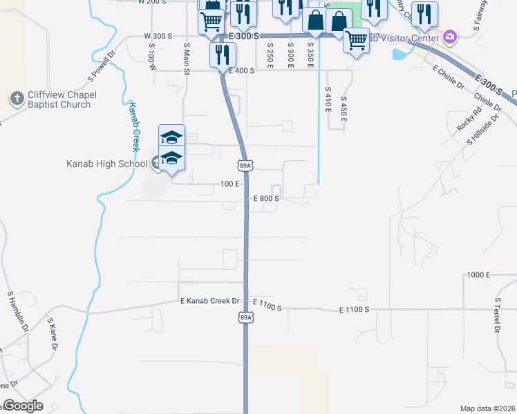 map of restaurants, bars, coffee shops, grocery stores, and more near 818 South Peartree in Kanab
