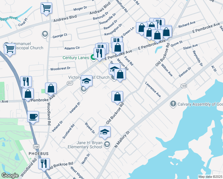 map of restaurants, bars, coffee shops, grocery stores, and more near 1521 Edson Terrace in Hampton