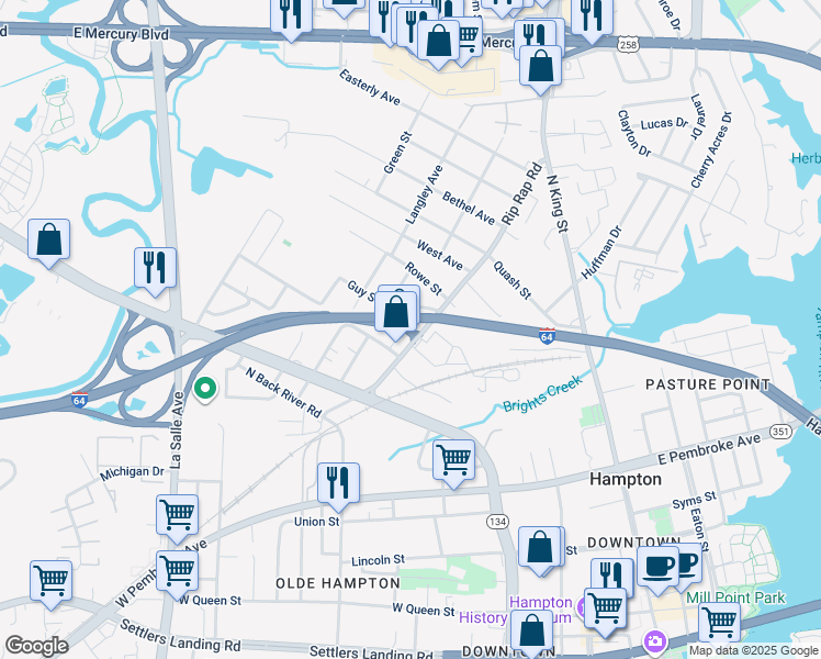 map of restaurants, bars, coffee shops, grocery stores, and more near 314 Rip Rap Road in Hampton