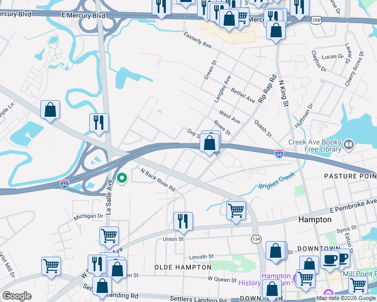 map of restaurants, bars, coffee shops, grocery stores, and more near 810 Langley Avenue in Hampton