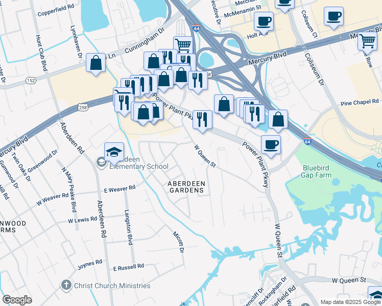 map of restaurants, bars, coffee shops, grocery stores, and more near 1811 West Queen Street in Hampton