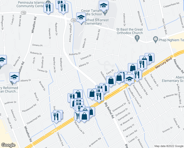 map of restaurants, bars, coffee shops, grocery stores, and more near 673 Hollomon Drive in Hampton