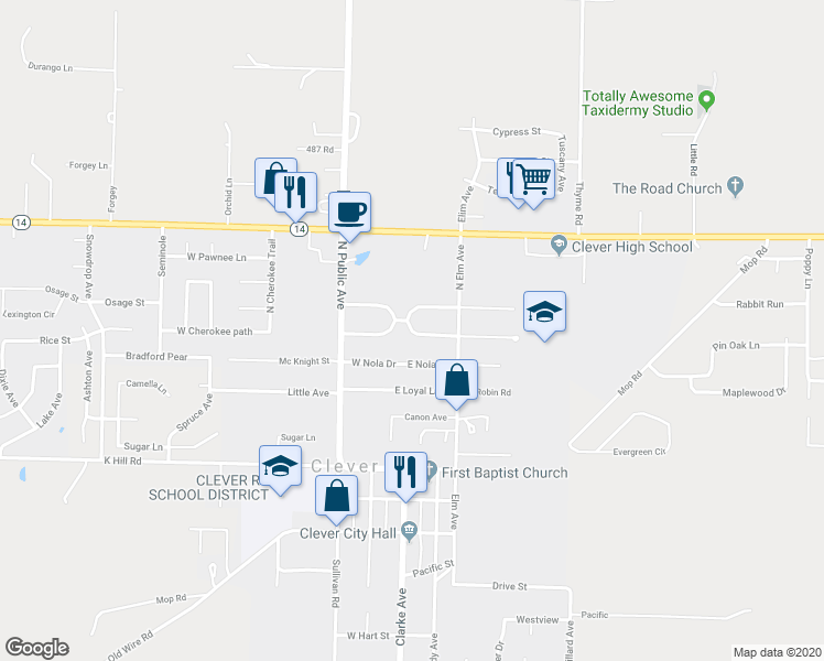 map of restaurants, bars, coffee shops, grocery stores, and more near 155 Meadowbrook Avenue in Clever