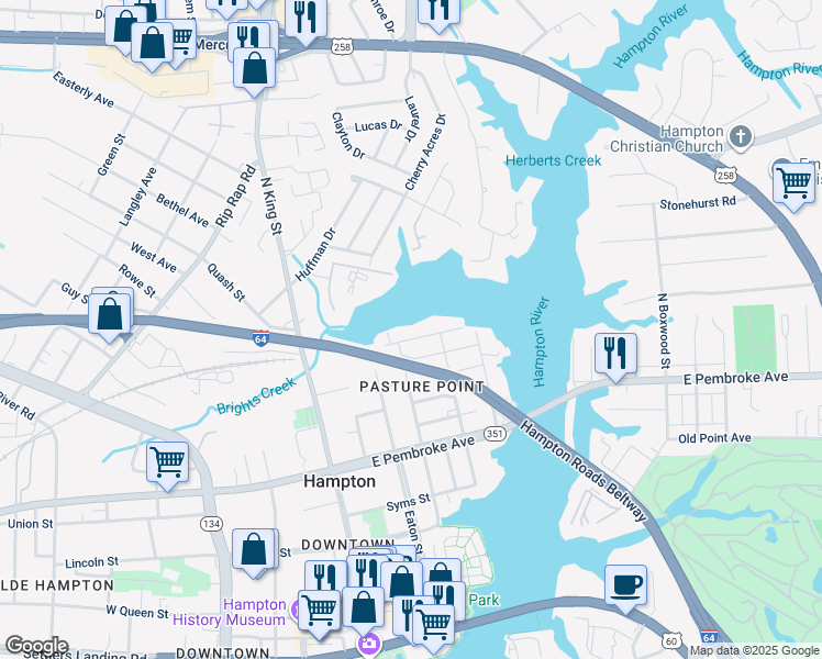 map of restaurants, bars, coffee shops, grocery stores, and more near 315 Creek Avenue in Hampton
