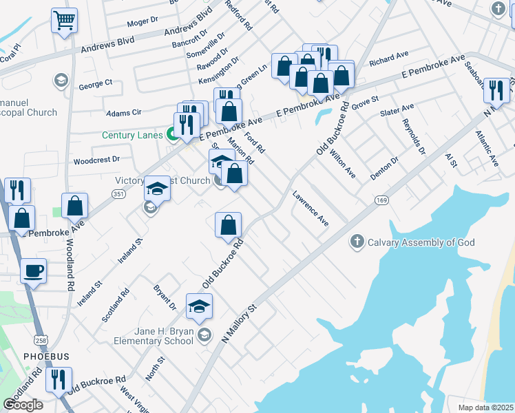 map of restaurants, bars, coffee shops, grocery stores, and more near 410 Shelton Road in Hampton
