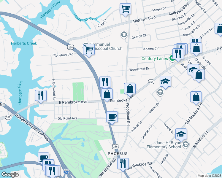 map of restaurants, bars, coffee shops, grocery stores, and more near 21 Gayle Street in Hampton