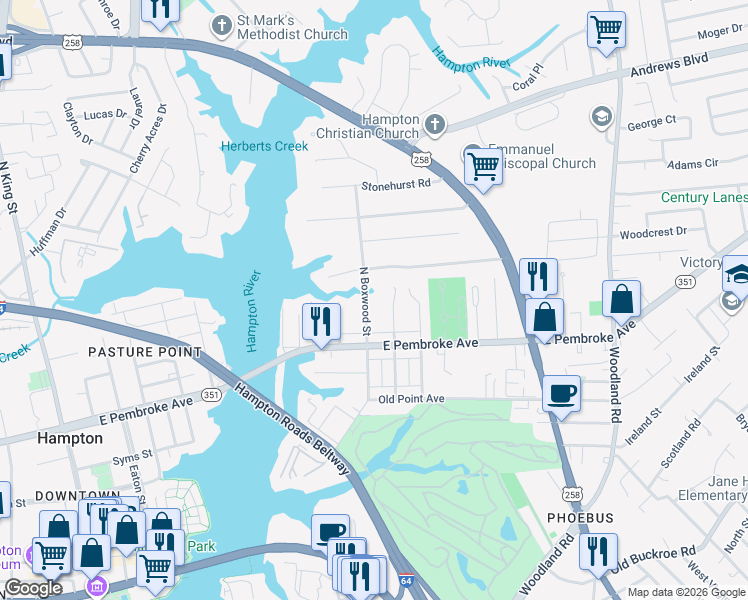 map of restaurants, bars, coffee shops, grocery stores, and more near 28 North Boxwood Street in Hampton