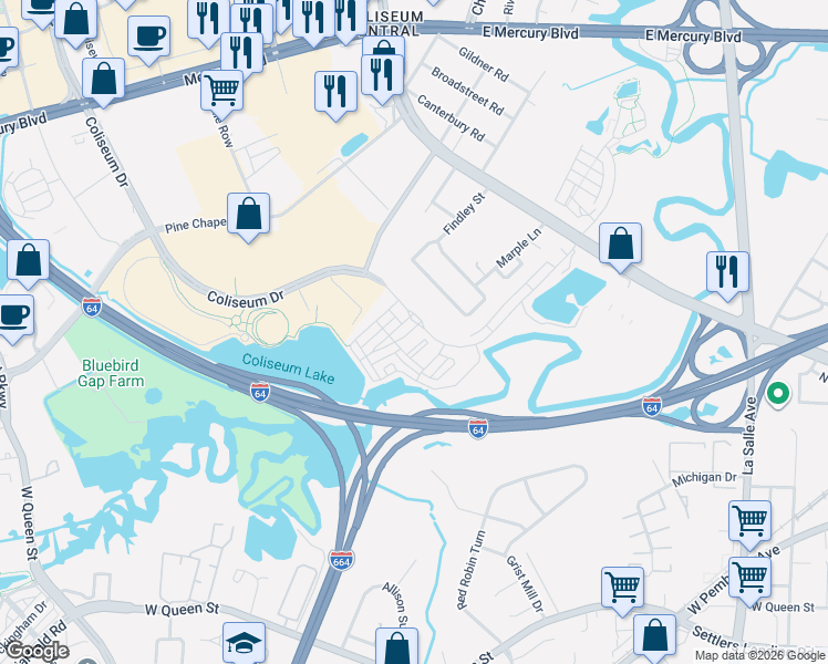 map of restaurants, bars, coffee shops, grocery stores, and more near 117 Freeman Drive in Hampton