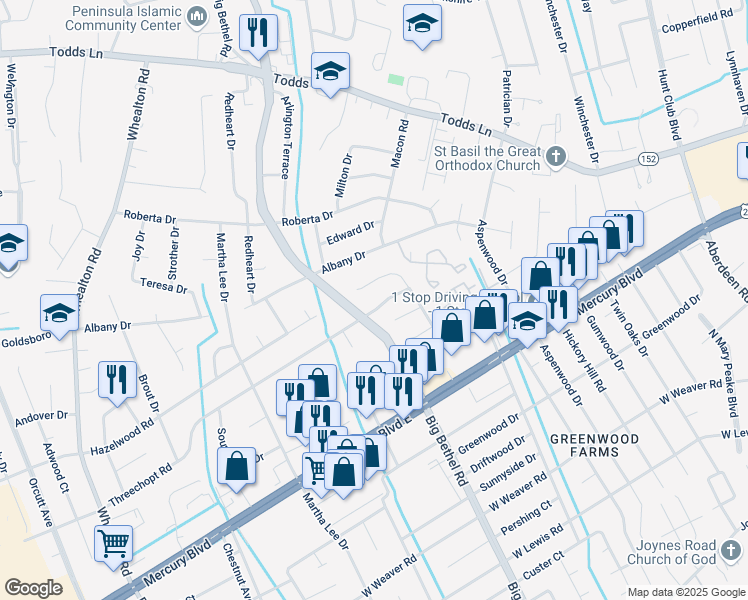 map of restaurants, bars, coffee shops, grocery stores, and more near 673 Hollomon Drive in Hampton