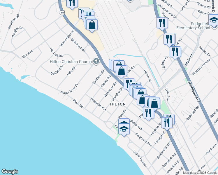 map of restaurants, bars, coffee shops, grocery stores, and more near 40 Shirley Road in Newport News