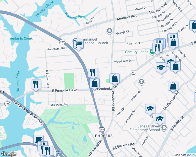 map of restaurants, bars, coffee shops, grocery stores, and more near 21 Gayle Street in Hampton