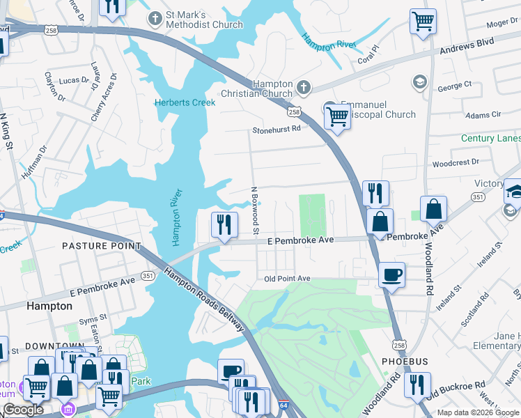 map of restaurants, bars, coffee shops, grocery stores, and more near 28 North Boxwood Street in Hampton