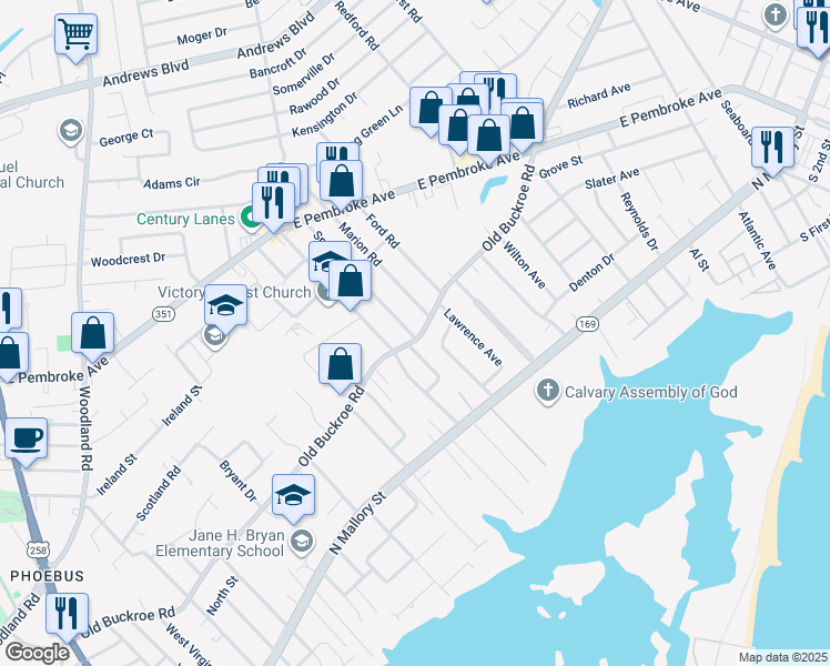 map of restaurants, bars, coffee shops, grocery stores, and more near 1301 Old Buckroe Road in Hampton