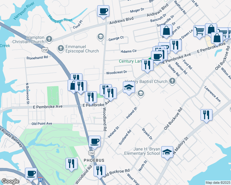 map of restaurants, bars, coffee shops, grocery stores, and more near 1427 East Pembroke Avenue in Hampton